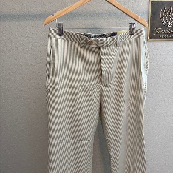 Men's Lauren Ralph Lauren Tan White Striped Seersucker‎ Dress Pants 33 x 32 NEW - Picture 11 of 11